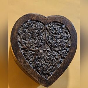 Hand-Carved Wood Boho Heart Floral Trinket Jewelry Storage Organize World Market